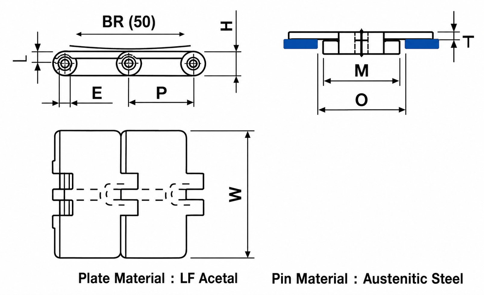 820 Series Thermoplastic Slat Chain dimension diagram