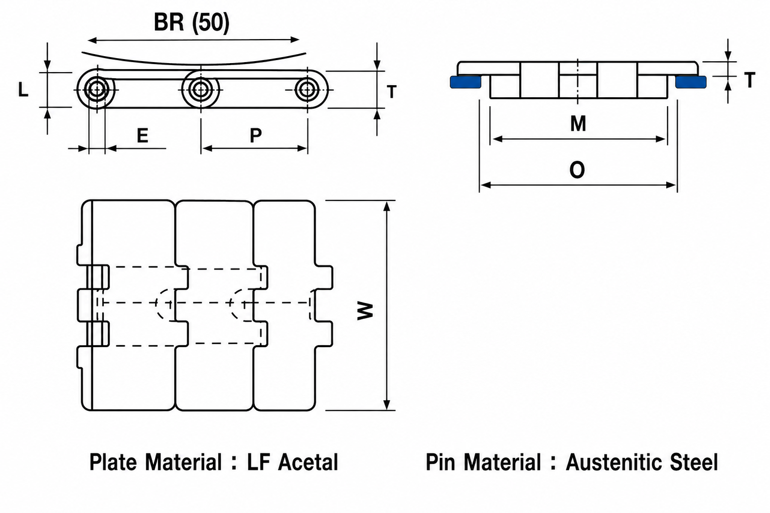 821 Series Thermoplastic Slat Chain dimension diagram