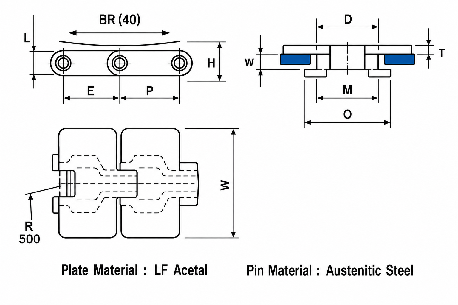 880 TAB Series Thermoplastic Slat Chain dimension diagram