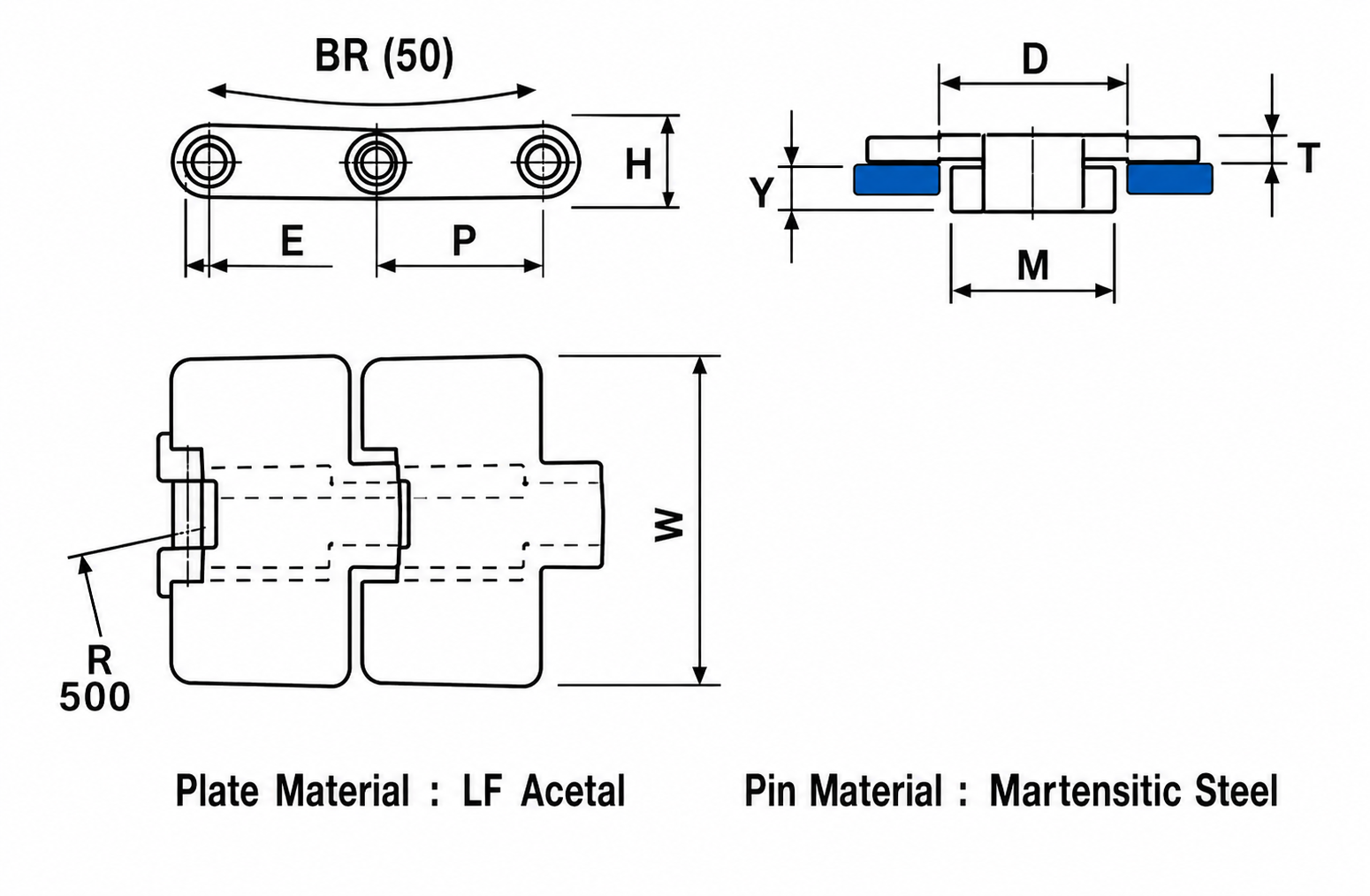 880M Series Thermoplastic Slat Chain dimension diagram