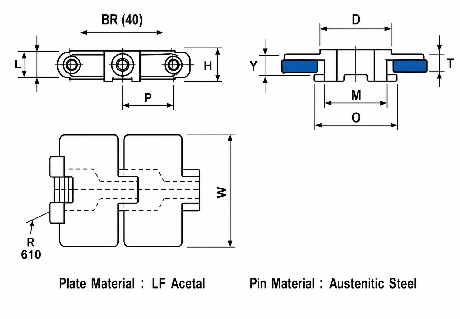 882 TAB Series Thermoplastic Slat Chain dimension diagram